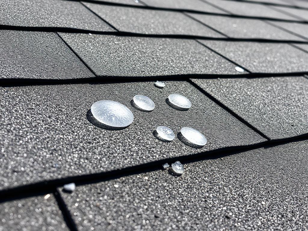 Close-up of hail damage on asphalt shingles