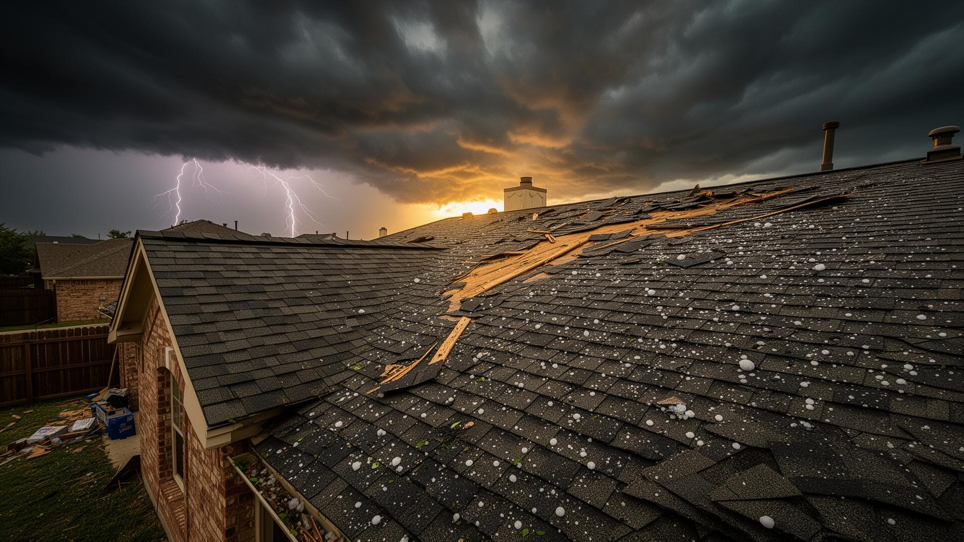 Texas home with storm-damaged roof after severe hail and lightning